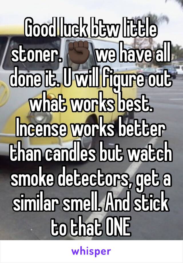 Good luck btw little stoner. ✊🏿 we have all done it. U will figure out what works best. Incense works better than candles but watch smoke detectors, get a similar smell. And stick to that ONE