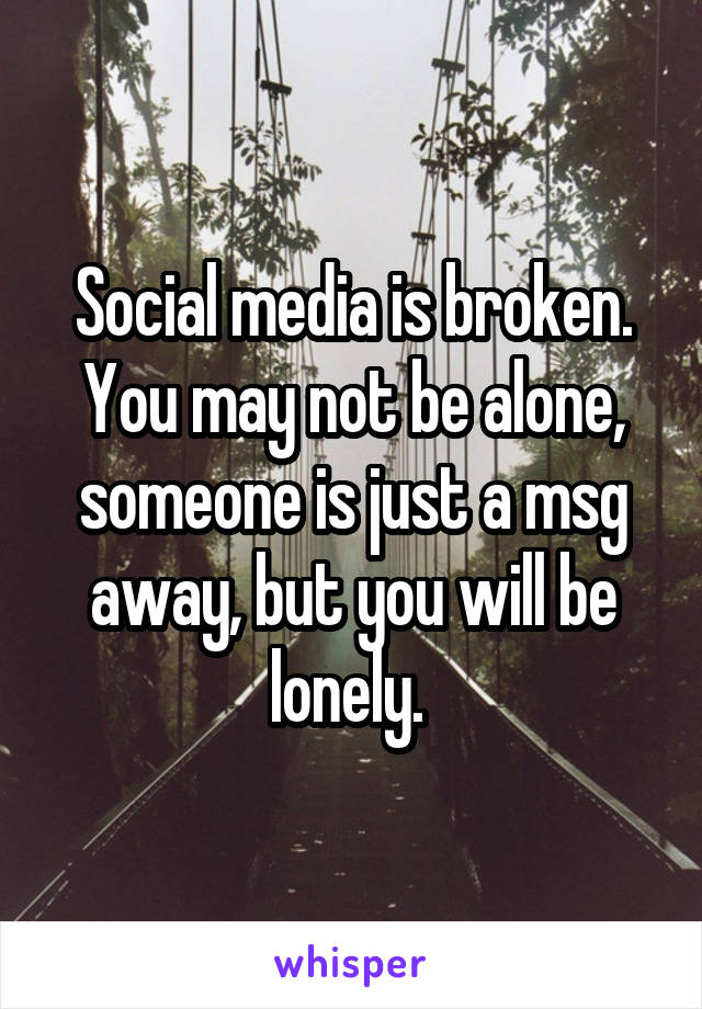 Social media is broken. You may not be alone, someone is just a msg away, but you will be lonely. 