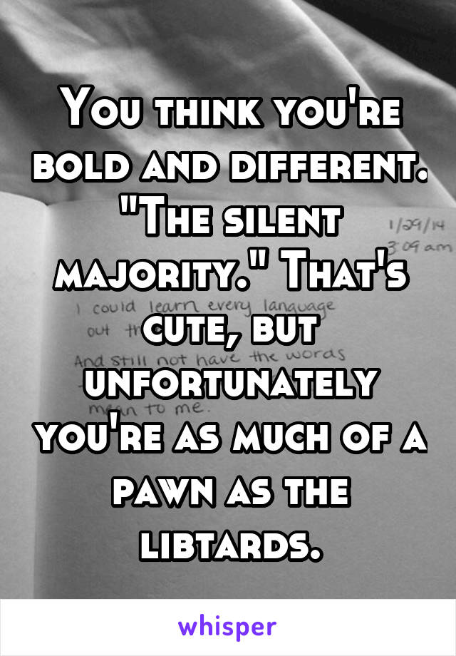 You think you're bold and different. "The silent majority." That's cute, but unfortunately you're as much of a pawn as the libtards.