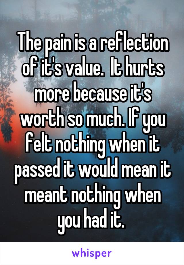 The pain is a reflection of it's value.  It hurts more because it's worth so much. If you felt nothing when it passed it would mean it meant nothing when you had it. 