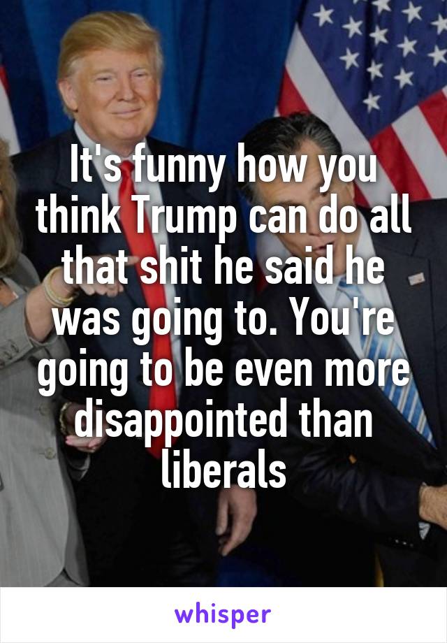 It's funny how you think Trump can do all that shit he said he was going to. You're going to be even more disappointed than liberals
