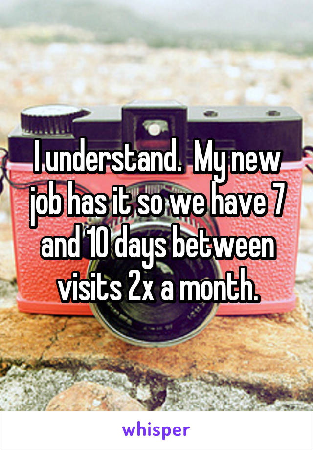 I understand.  My new job has it so we have 7 and 10 days between visits 2x a month.