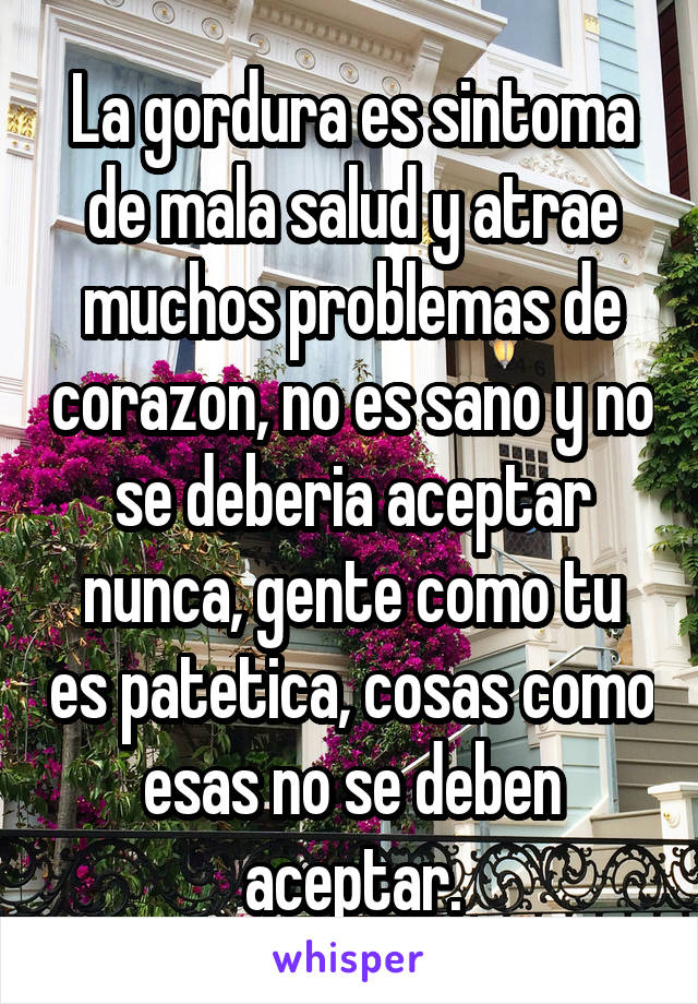 La gordura es sintoma de mala salud y atrae muchos problemas de corazon, no es sano y no se deberia aceptar nunca, gente como tu es patetica, cosas como esas no se deben aceptar.