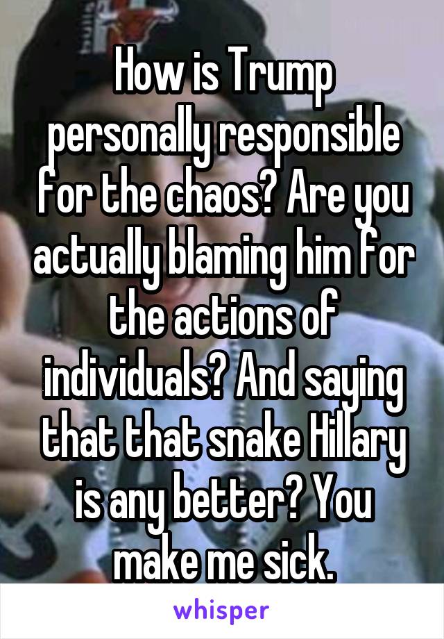 How is Trump personally responsible for the chaos? Are you actually blaming him for the actions of individuals? And saying that that snake Hillary is any better? You make me sick.