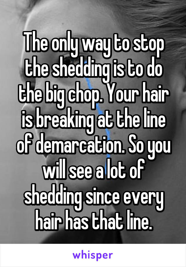 The only way to stop the shedding is to do the big chop. Your hair is breaking at the line of demarcation. So you will see a lot of shedding since every hair has that line.