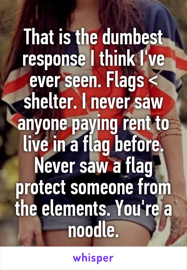 That is the dumbest response I think I've ever seen. Flags < shelter. I never saw anyone paying rent to live in a flag before. Never saw a flag protect someone from the elements. You're a noodle.