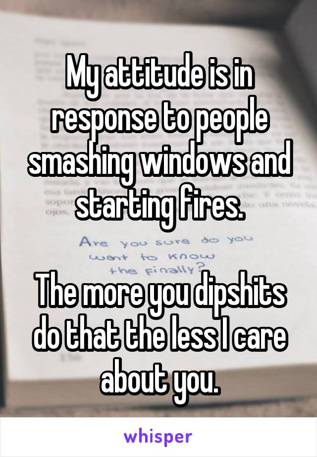 My attitude is in response to people smashing windows and starting fires.

The more you dipshits do that the less I care about you.