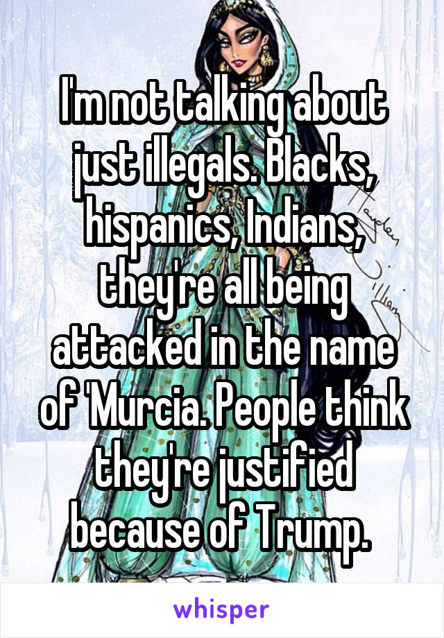 I'm not talking about just illegals. Blacks, hispanics, Indians, they're all being attacked in the name of 'Murcia. People think they're justified because of Trump. 