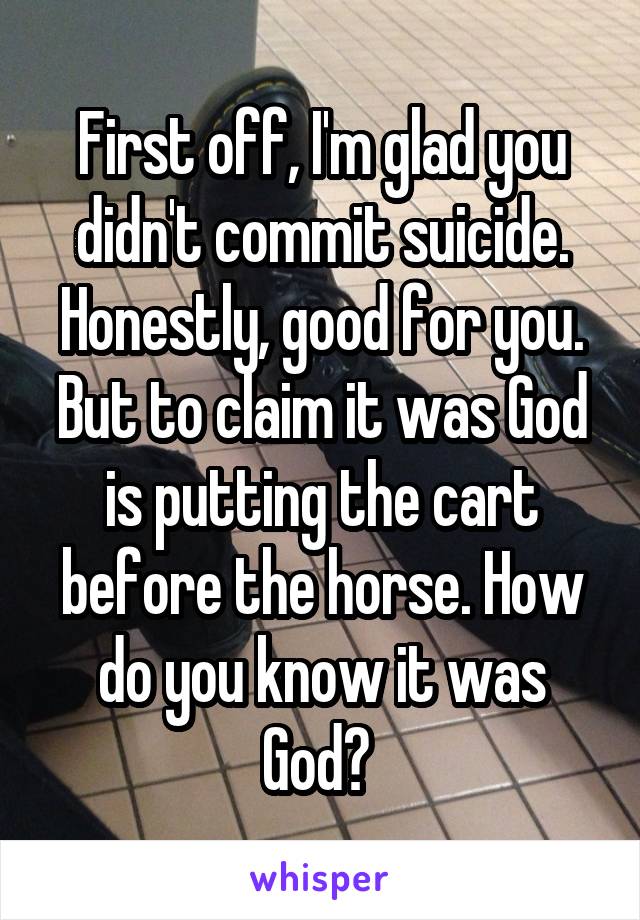 First off, I'm glad you didn't commit suicide. Honestly, good for you. But to claim it was God is putting the cart before the horse. How do you know it was God? 