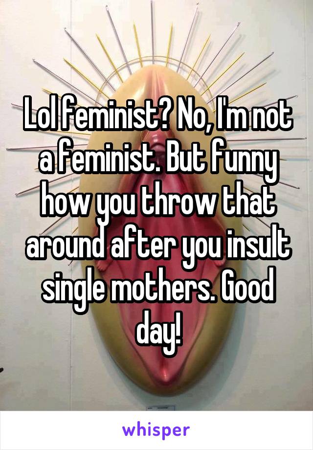 Lol feminist? No, I'm not a feminist. But funny how you throw that around after you insult single mothers. Good day!