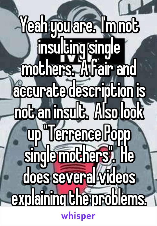 Yeah you are.  I'm not insulting single mothers.  A fair and accurate description is not an insult.  Also look up "Terrence Popp single mothers".  He does several videos explaining the problems.