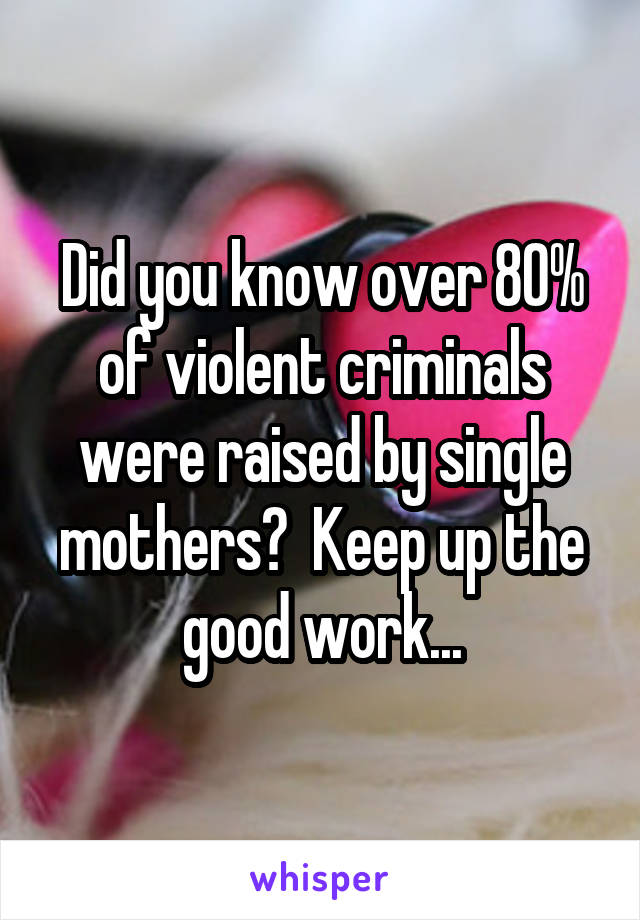 Did you know over 80% of violent criminals were raised by single mothers?  Keep up the good work...