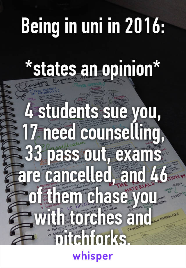 Being in uni in 2016:

*states an opinion*

4 students sue you, 17 need counselling, 33 pass out, exams are cancelled, and 46 of them chase you with torches and pitchforks.