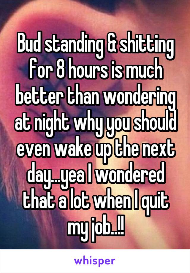 Bud standing & shitting for 8 hours is much better than wondering at night why you should even wake up the next day...yea I wondered that a lot when I quit my job..!!