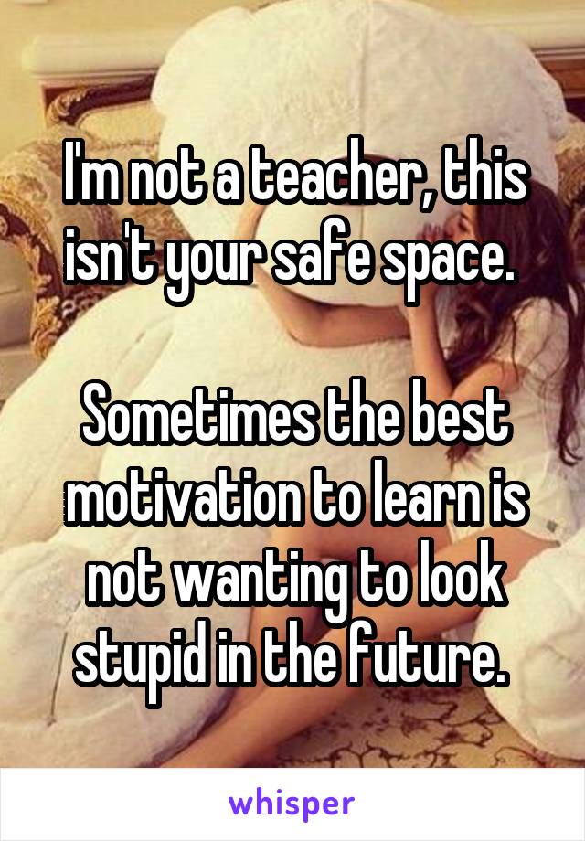 I'm not a teacher, this isn't your safe space. 

Sometimes the best motivation to learn is not wanting to look stupid in the future. 