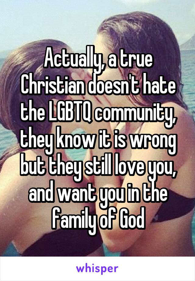 Actually, a true Christian doesn't hate the LGBTQ community, they know it is wrong but they still love you, and want you in the family of God