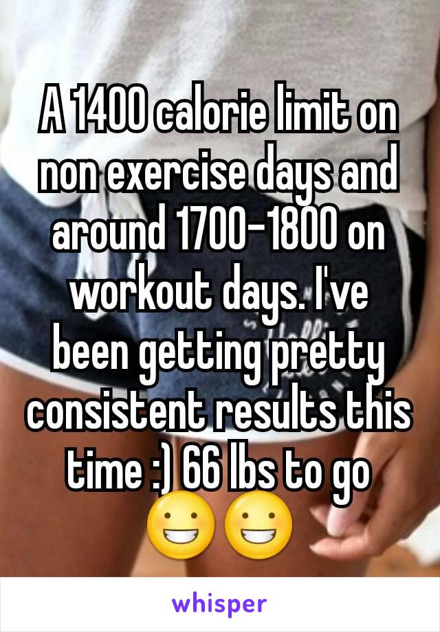 A 1400 calorie limit on non exercise days and around 1700-1800 on workout days. I've been getting pretty consistent results this time :) 66 lbs to go 😀😀