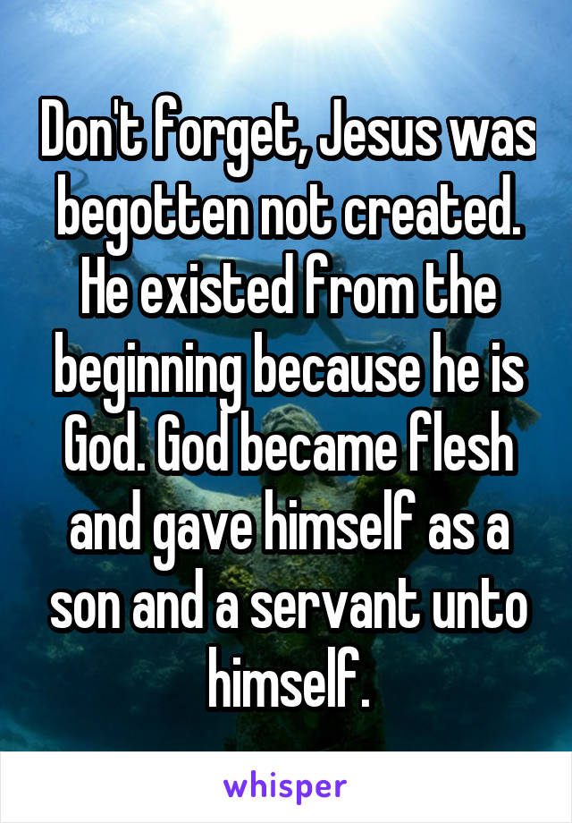 Don't forget, Jesus was begotten not created. He existed from the beginning because he is God. God became flesh and gave himself as a son and a servant unto himself.