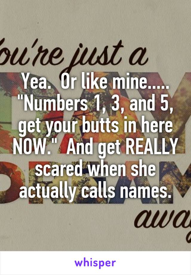 Yea.  Or like mine..... "Numbers 1, 3, and 5, get your butts in here NOW."  And get REALLY scared when she actually calls names.