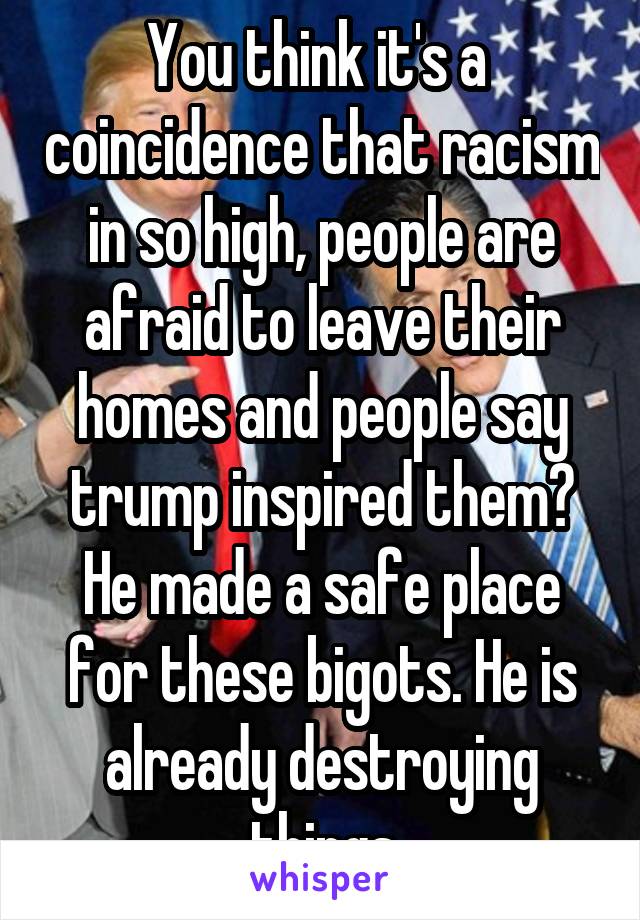 You think it's a  coincidence that racism in so high, people are afraid to leave their homes and people say trump inspired them? He made a safe place for these bigots. He is already destroying things