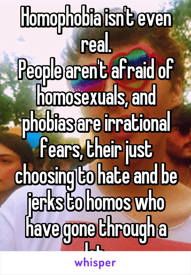 Homophobia isn't even real.
People aren't afraid of homosexuals, and phobias are irrational fears, their just choosing to hate and be jerks to homos who have gone through a lot.