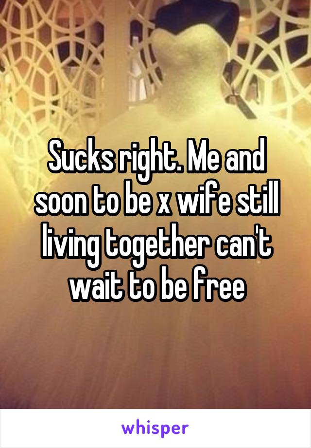 Sucks right. Me and soon to be x wife still living together can't wait to be free
