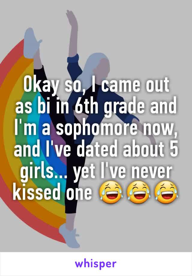 Okay so, I came out as bi in 6th grade and I'm a sophomore now, and I've dated about 5 girls... yet I've never kissed one 😂😂😂