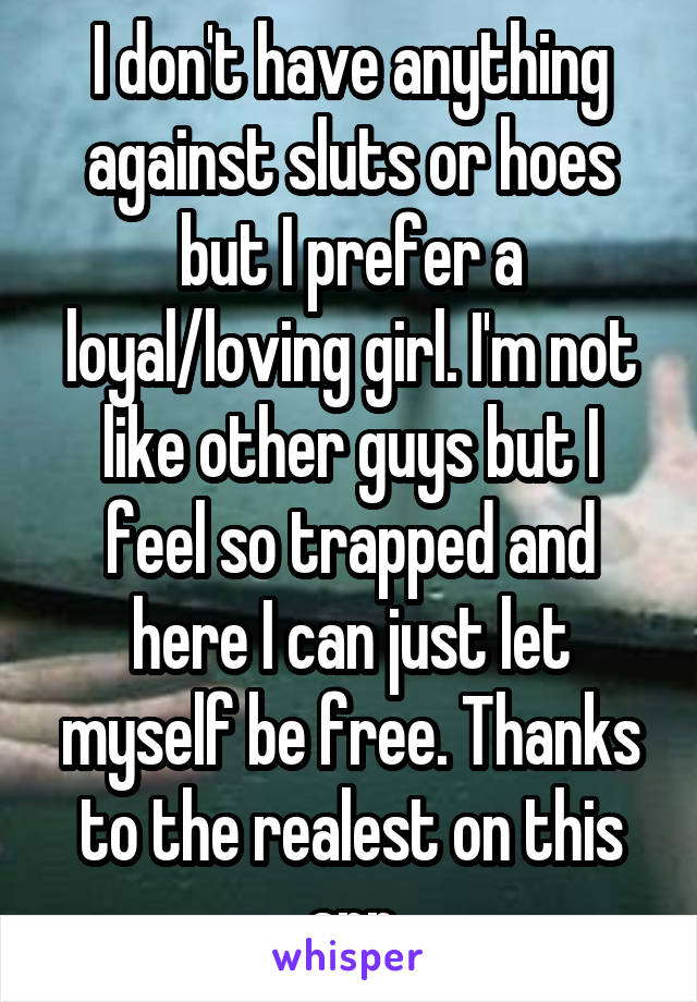 I don't have anything against sluts or hoes but I prefer a loyal/loving girl. I'm not like other guys but I feel so trapped and here I can just let myself be free. Thanks to the realest on this app