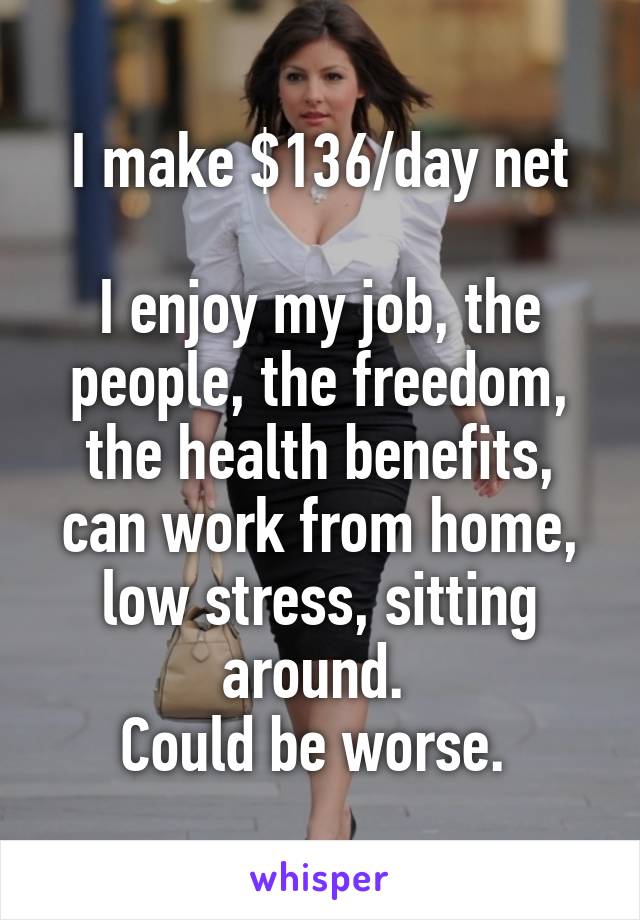 I make $136/day net

I enjoy my job, the people, the freedom, the health benefits, can work from home, low stress, sitting around. 
Could be worse. 
