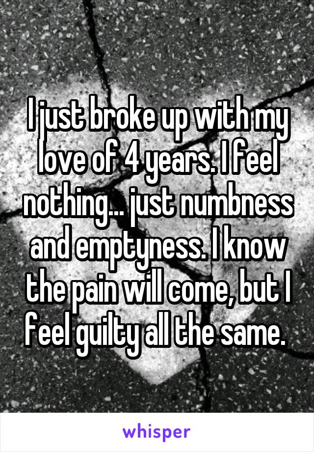 I just broke up with my love of 4 years. I feel nothing... just numbness and emptyness. I know the pain will come, but I feel guilty all the same. 