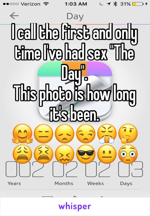 I call the first and only time I've had sex "The Day". 
This photo is how long it's been. 
🤗😑😞😒😤🤔😩😫😖😎😐😳