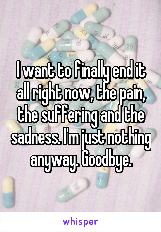 I want to finally end it all right now, the pain, the suffering and the sadness. I'm just nothing anyway. Goodbye.