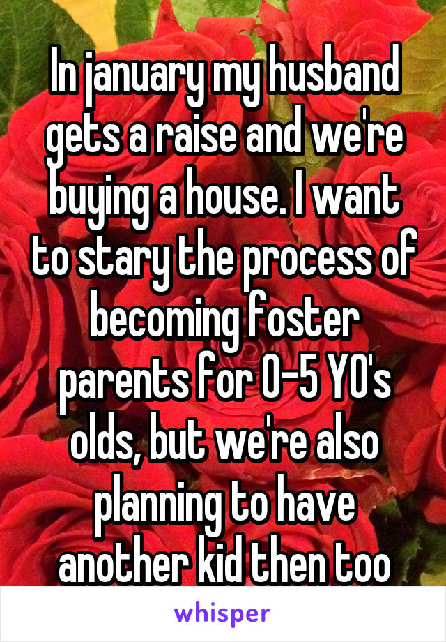 In january my husband gets a raise and we're buying a house. I want to stary the process of becoming foster parents for 0-5 YO's olds, but we're also planning to have another kid then too