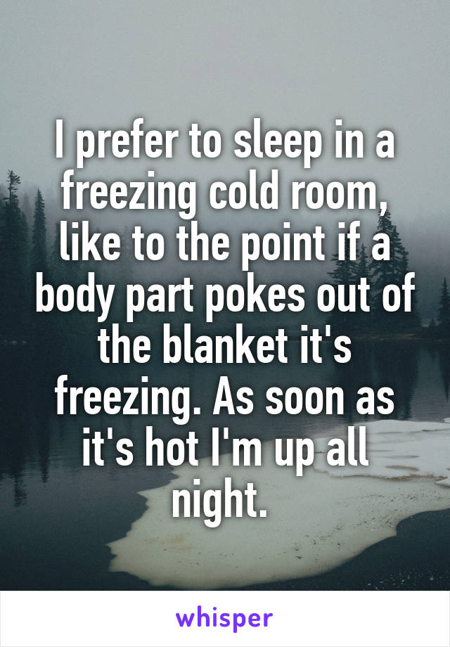 I prefer to sleep in a freezing cold room, like to the point if a body part pokes out of the blanket it's freezing. As soon as it's hot I'm up all night. 