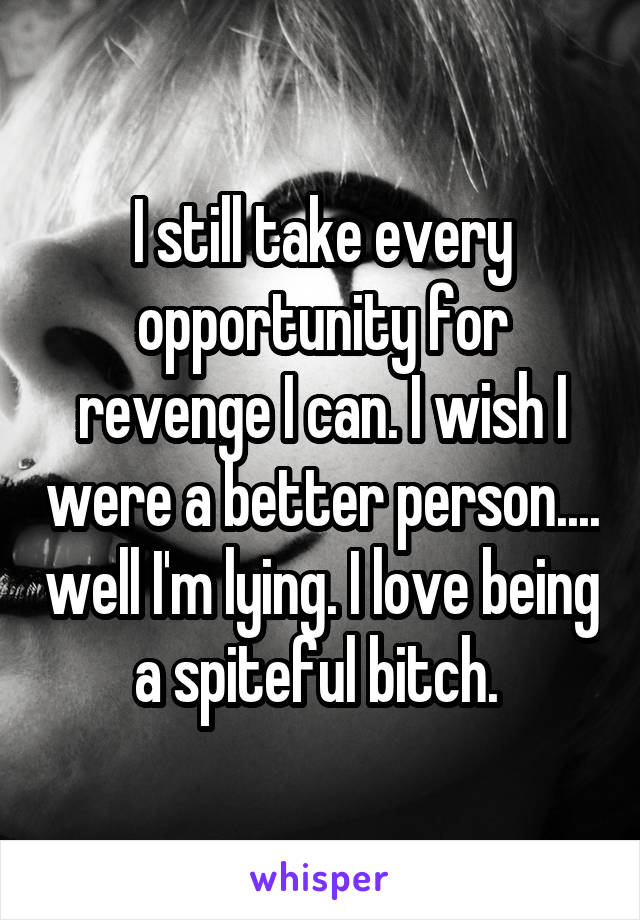 I still take every opportunity for revenge I can. I wish I were a better person.... well I'm lying. I love being a spiteful bitch. 