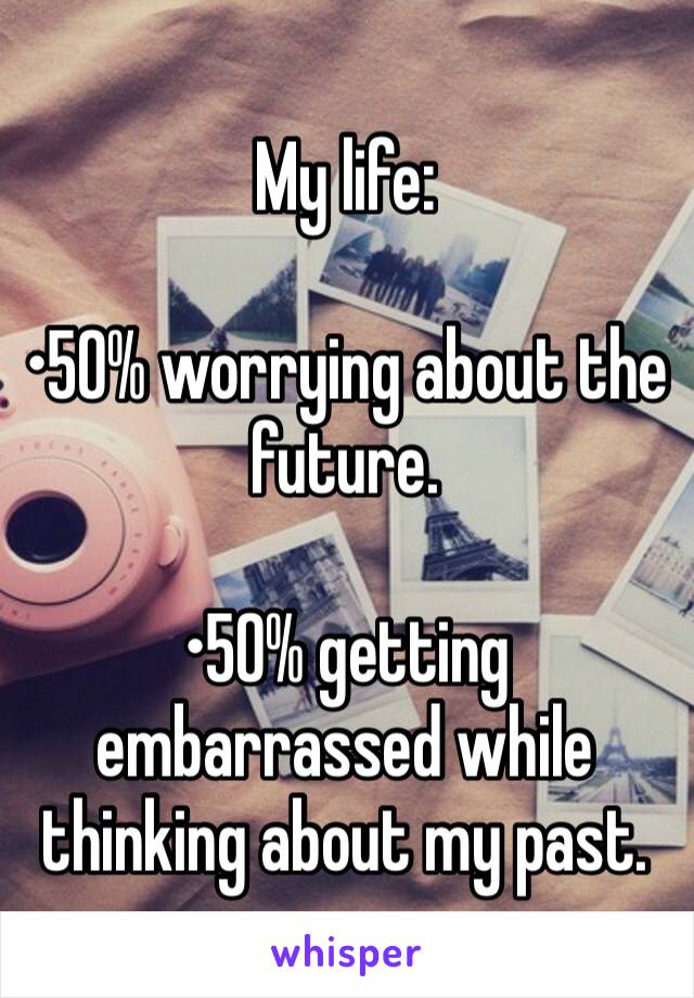 My life:

•50% worrying about the future.

•50% getting embarrassed while thinking about my past.