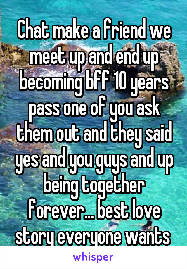 Chat make a friend we meet up and end up becoming bff 10 years pass one of you ask them out and they said yes and you guys and up being together forever... best love story everyone wants 