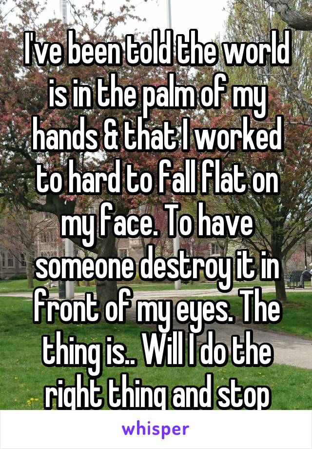 I've been told the world is in the palm of my hands & that I worked to hard to fall flat on my face. To have someone destroy it in front of my eyes. The thing is.. Will I do the right thing and stop