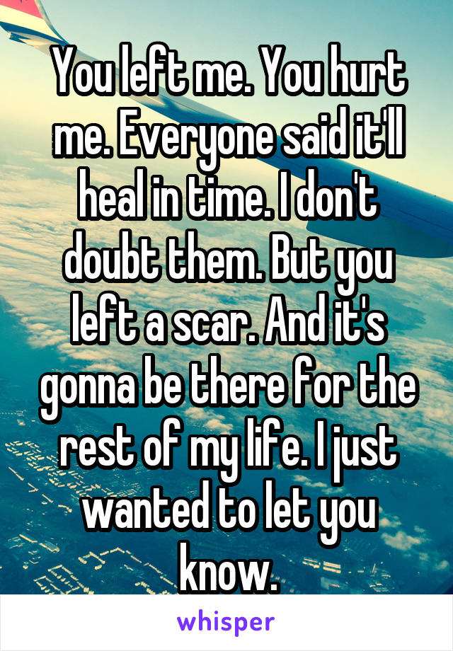 You left me. You hurt me. Everyone said it'll heal in time. I don't doubt them. But you left a scar. And it's gonna be there for the rest of my life. I just wanted to let you know.