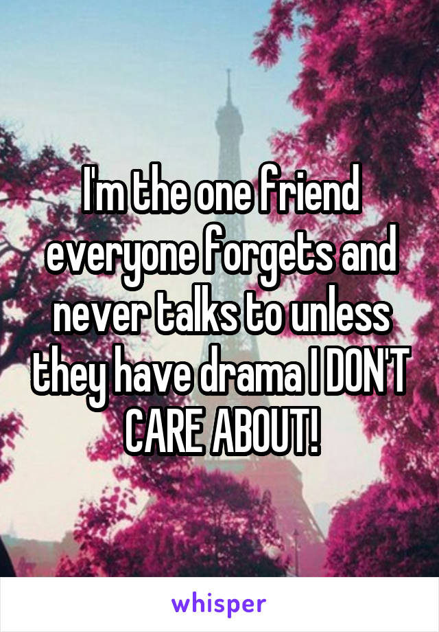 I'm the one friend everyone forgets and never talks to unless they have drama I DON'T CARE ABOUT!