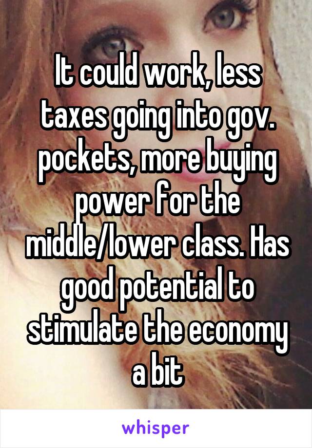 It could work, less taxes going into gov. pockets, more buying power for the middle/lower class. Has good potential to stimulate the economy a bit