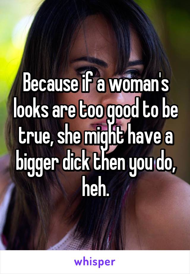 Because if a woman's looks are too good to be true, she might have a bigger dick then you do, heh.