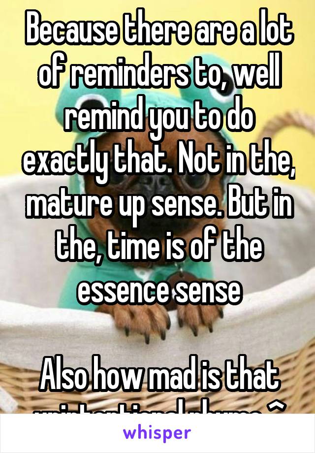 Because there are a lot of reminders to, well remind you to do exactly that. Not in the, mature up sense. But in the, time is of the essence sense

Also how mad is that unintentional rhyme ^