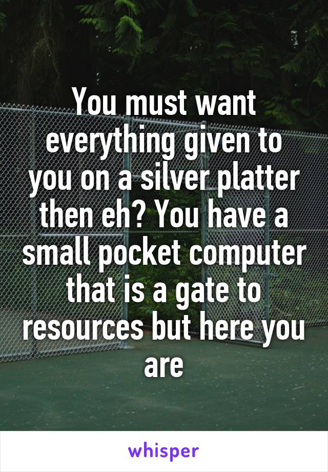 You must want everything given to you on a silver platter then eh? You have a small pocket computer that is a gate to resources but here you are