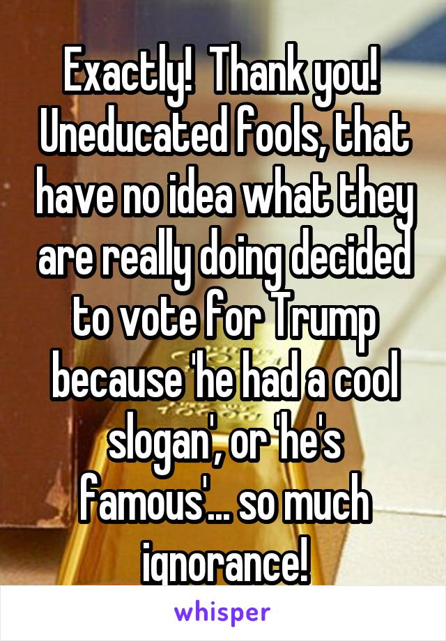 Exactly!  Thank you!  Uneducated fools, that have no idea what they are really doing decided to vote for Trump because 'he had a cool slogan', or 'he's famous'... so much ignorance!
