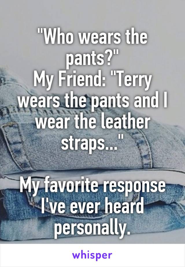 "Who wears the pants?"
My Friend: "Terry wears the pants and I wear the leather straps..."

My favorite response I've ever heard personally.