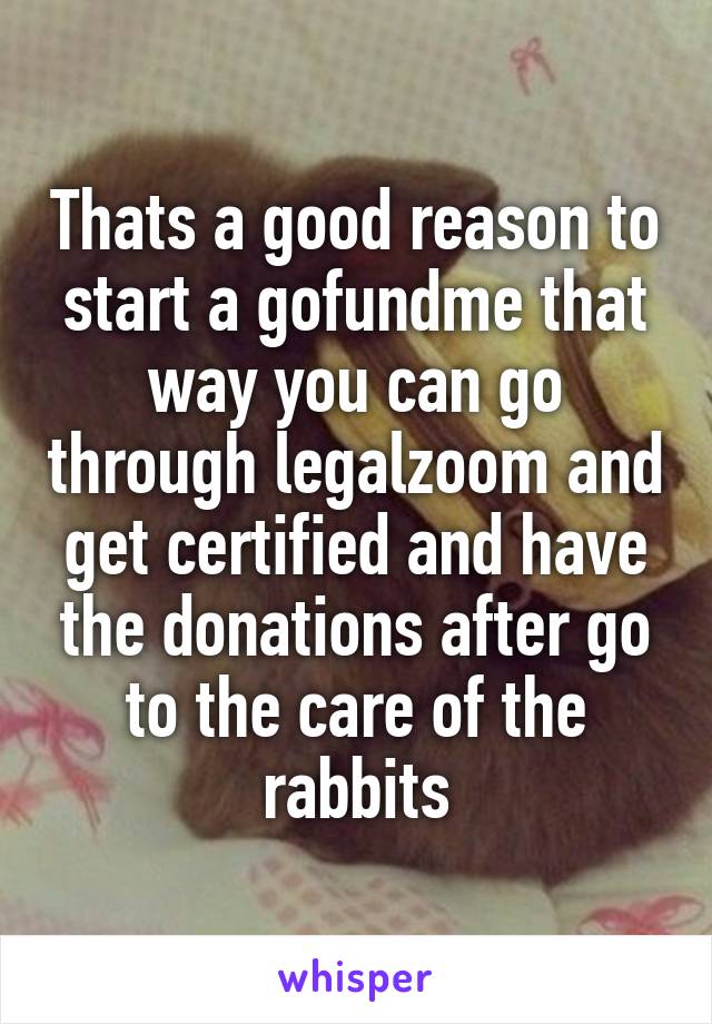 Thats a good reason to start a gofundme that way you can go through legalzoom and get certified and have the donations after go to the care of the rabbits