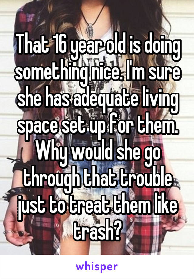 That 16 year old is doing something nice. I'm sure she has adequate living space set up for them. Why would she go through that trouble just to treat them like trash?