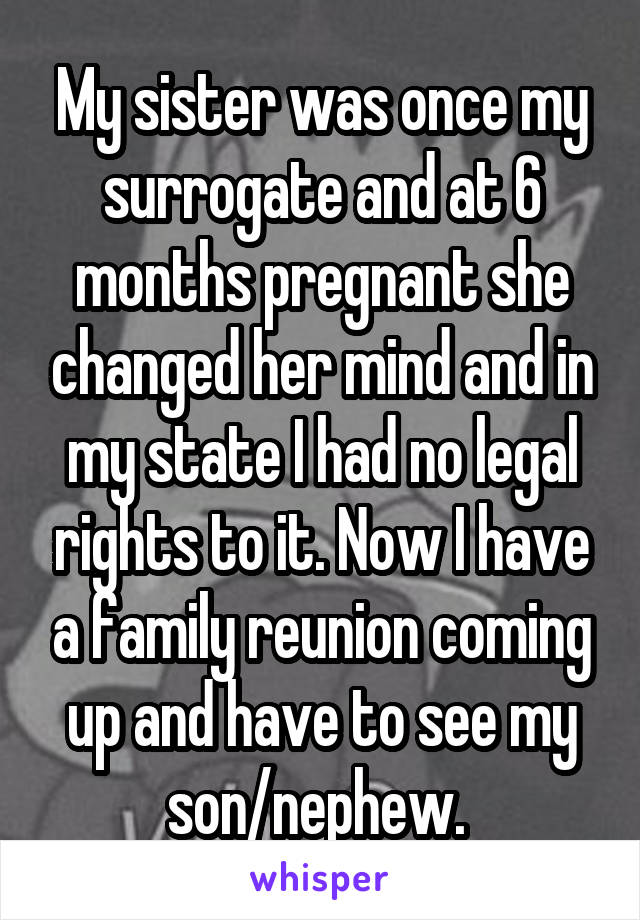 My sister was once my surrogate and at 6 months pregnant she changed her mind and in my state I had no legal rights to it. Now I have a family reunion coming up and have to see my son/nephew. 