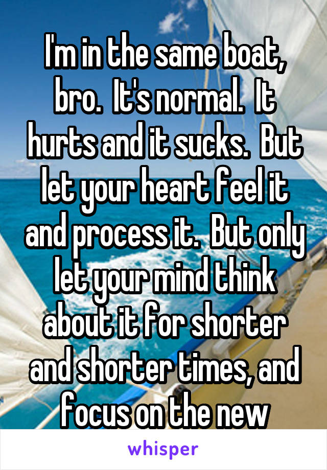 I'm in the same boat, bro.  It's normal.  It hurts and it sucks.  But let your heart feel it and process it.  But only let your mind think about it for shorter and shorter times, and focus on the new